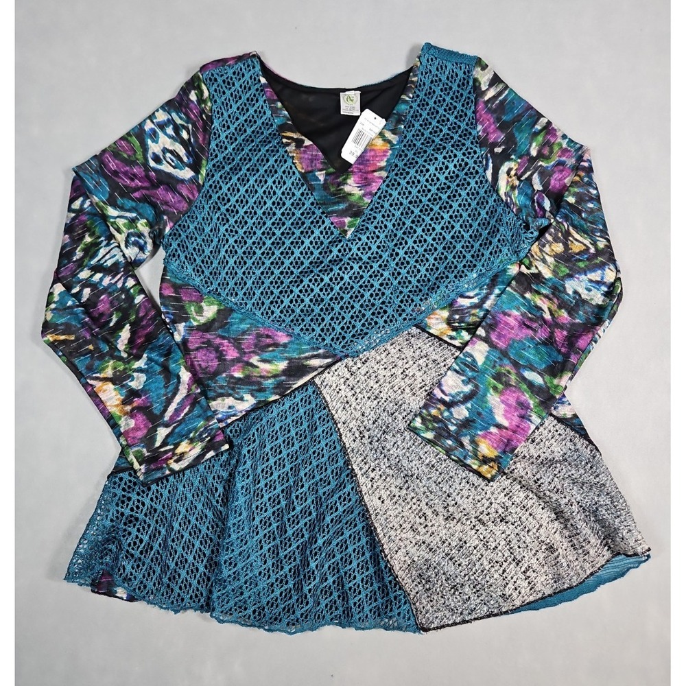 This & That Womens Multicolor Patchwork Boho Long Sleeve Top Size XL NWT